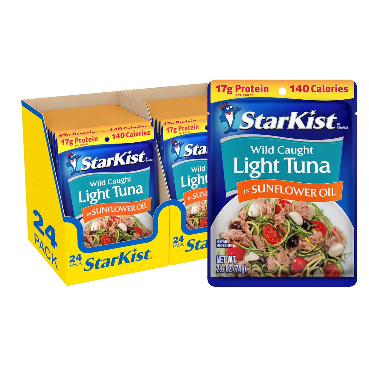StarKist Chunk Light Tuna in Water, 2.6 oz Pouch (24 Pack) Ready to Eat Wild Caught Tuna, 17g Protein, 70 Calories Per Serving, Gluten Free, Soy Free, Kosher, Perfect for Salads, Keto Meals and Snacks
