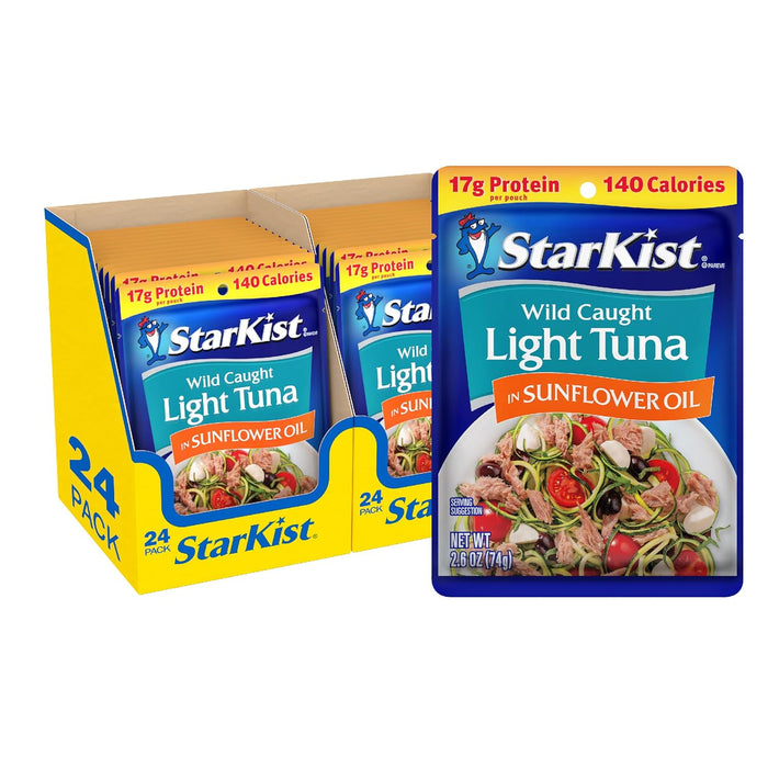 StarKist Chunk Light Tuna in Water, 2.6 oz Pouch (24 Pack) Ready to Eat Wild Caught Tuna, 17g Protein, 70 Calories Per Serving, Gluten Free, Soy Free, Kosher, Perfect for Salads, Keto Meals and Snacks