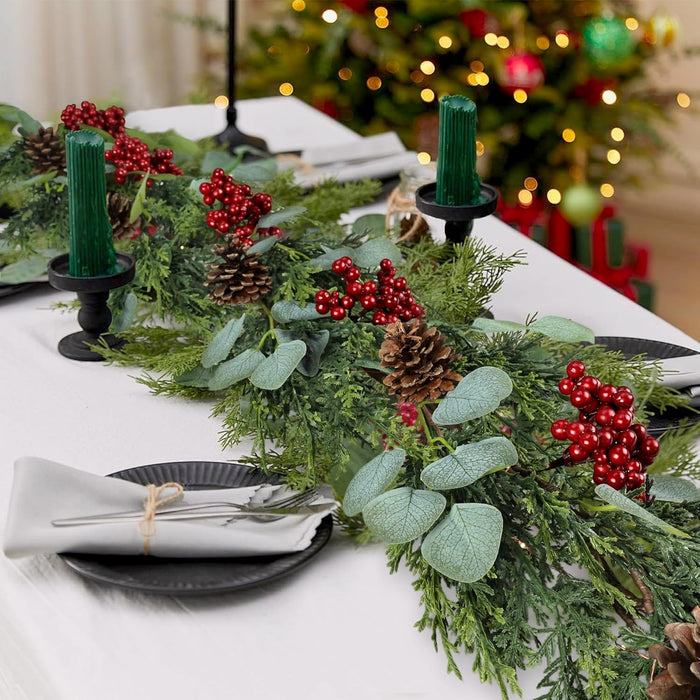 6FT Christmas Garland with Lights Artificial Pine Cypress Eucalyptus Garland with Red Berries Christmas Tips Cedar Garlands,Christmas Decorations Holiday Indoor Outdoor Winter Garland