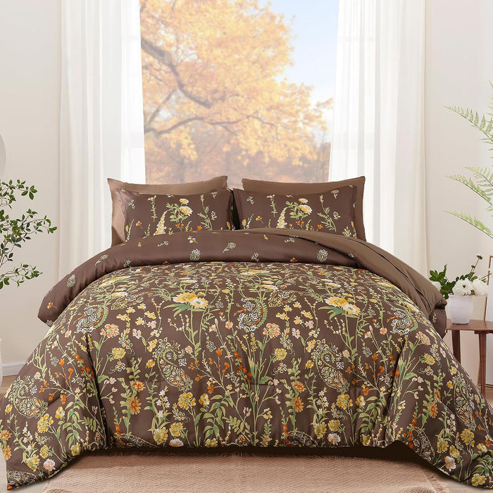 Yiran Blue Floral Comforter Set Queen Size, 7 Piece Watercolour Botanical Comforter Bedding Set, Bed in a Bag Queen, Soft Microfiber Complete Bedding Set with Sheets for All Season