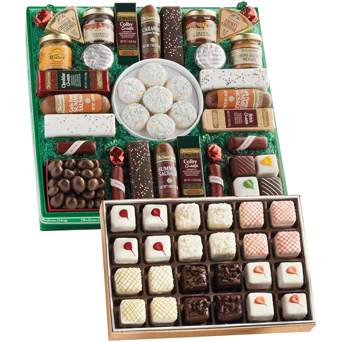 The Swiss Colony 27 Favorites Food Gift Set, Summer Sausage Meats and Cheeses, Assorted Chocolates, Candies, Petits Fours, Cheese & Charcuterie Board Gifts Basket, Holiday, Christmas - Holiday Red Box