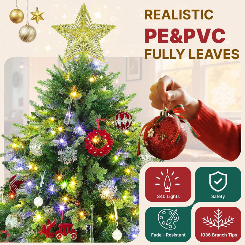 6.5FT Pre-Lit Artificial Full Christmas Tree with 360° Rotating Musical Base, Green Spinning Xmas Tree Holiday Festive Decor with Warm White & Multicolor Lights, 8 Lighting Modes, Timer