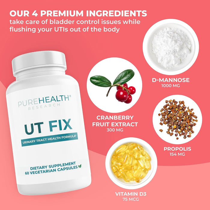 PUREHEALTH RESEARCH UTIFIX D Mannose with Cranberry Long-Term Supplement - D-Mannose for UTI 1000mg Capsules + 300mg Cranberry Extract + Propolis for Urinary Tract Health for Women and Men, 60 Count