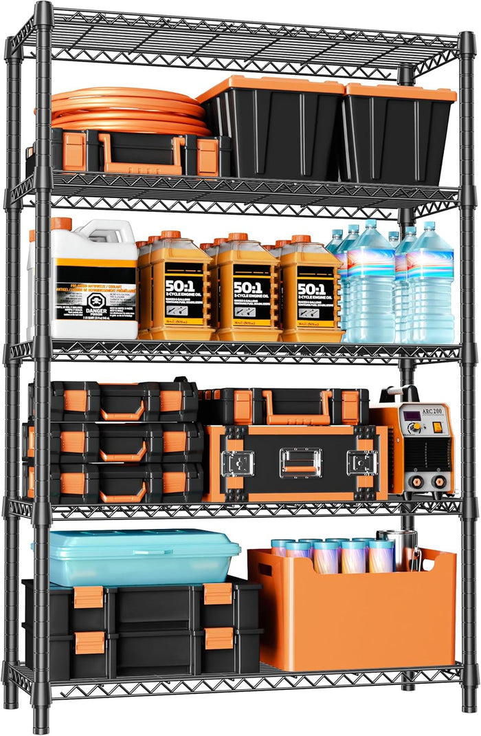 IZEUK 5-Tier Storage Shelving Unit with Wheels, Adjustable Heavy Duty Steel Wire Rack Organizer (Chrome, 17.7" D x 47.2" W x 76.7" H, 1750 lbs Capacity) for Garage, Kitchen, Pantry, Laundry