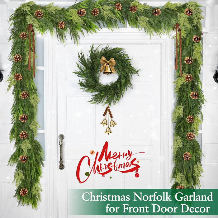 6FT Christmas Norfolk Pine Garland, Real Touch Greenery Cypress Garland with 80 Norfolk & 20 Cypress Leaves 8 Pinecones for Xmas Decorations Outdoor Table Fireplace Holiday Home