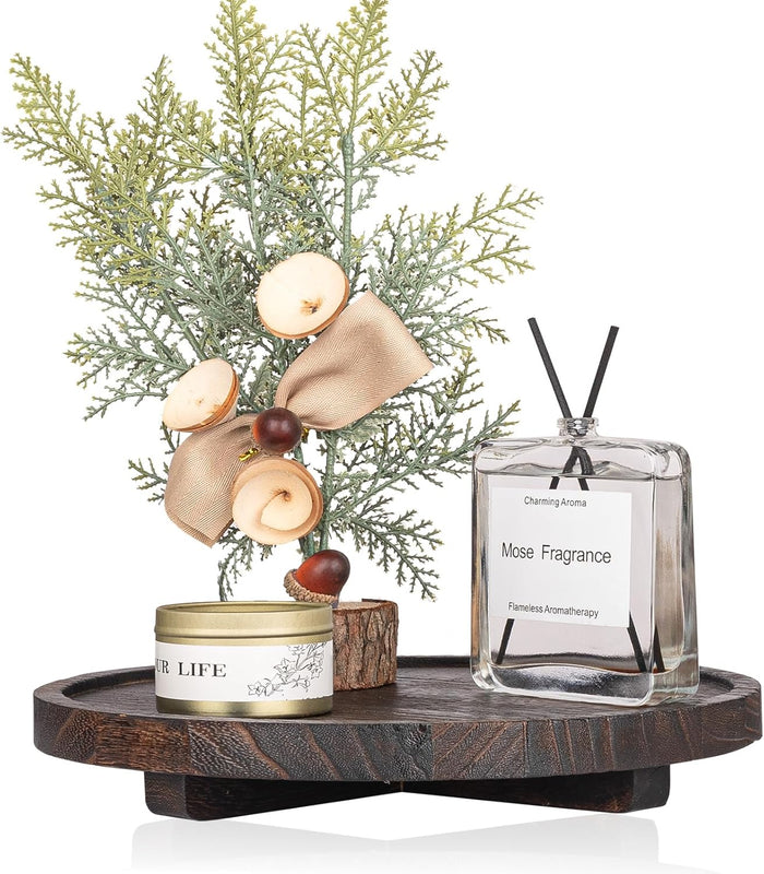 Round Decorative Tray Wood Bathroom Counter Organizer Farmhouse Kitchen Decor Wooden Riser for Soap Dish, Perfume, Candle, Sponge, 11" - Brown