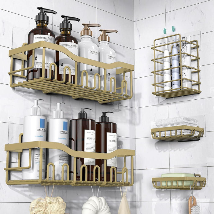 Adhesive Shower Caddy, 5 Pack Rustproof Stainless Steel Bath Organizers With Large Capacity, No Drilling Shelves for Bathroom Storage & Home Decor-XL Size