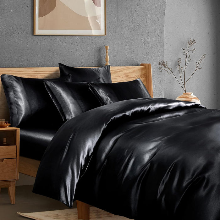 Manyshofu 6Pcs Rose Gold Duvet Cover Set Queen Size - Satin Fitted Sheet & Pillowcases, Silky Duvet Cover