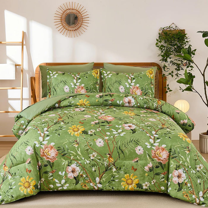 Yiran King Size Comforter Set 7 Pieces, Peacock Blue Botanical Floral Winter Comforter Bedding Set, Bed in a Bag King, Soft Microfiber Complete Bedding Set with Sheets for All Season