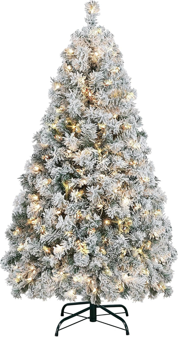 Yaheetech 6ft Pre-lit Artificial Christmas Tree with Incandescent Warm White Lights, Snow Flocked Full Prelighted Xmas Tree W/820 Branch Tips, 250 Incandescent Lights & Foldable Stand, Green & White