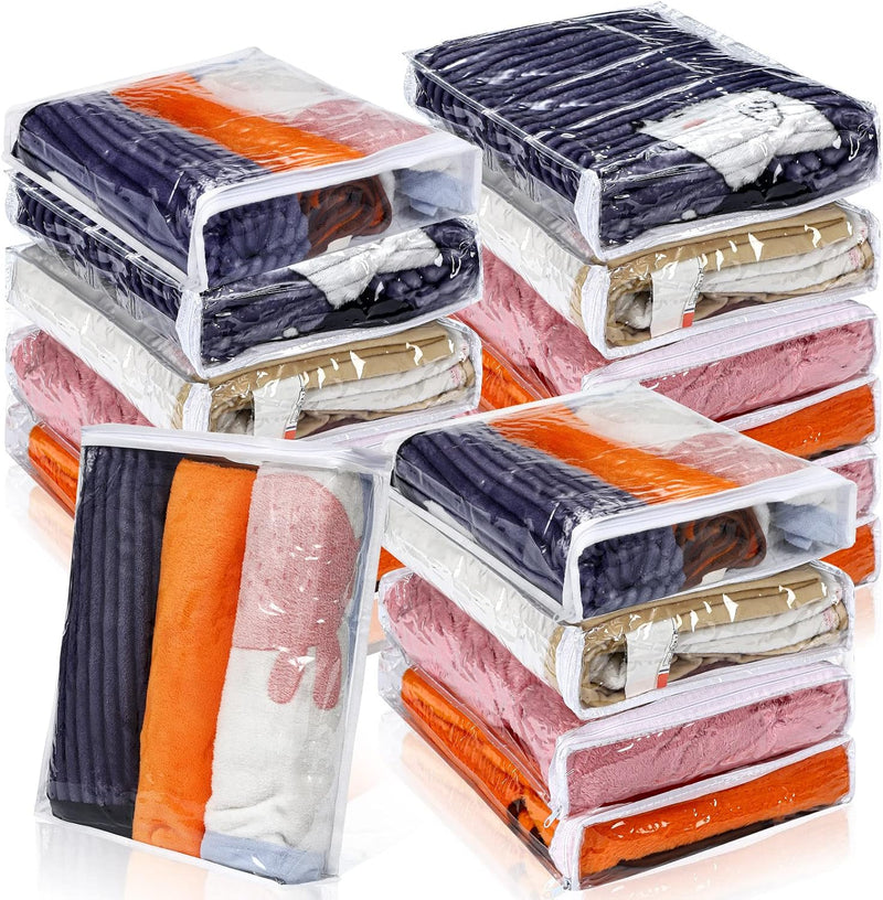 Kingdder 16 Pcs Clear Vinyl Zippered Sweater Storage Bags with Zipper 10 x 10 x 2.5 Inch Plastic Sheet Organizer and Storage for Clothing Blankets Sheet Linen Bed Pillow Cube Organizer