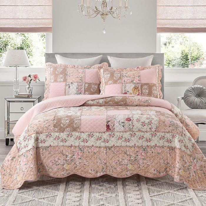 Yvooxny Quilt Set King Size Reversible Country Farmhouse Floral Real Patchwork Quilted Bedspread 3-Piece Quilt Set with Pillowcases with Ruffles for All Seasons, 96 x 108 Inches