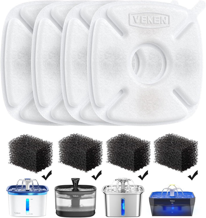 Veken Cat Water Fountain Filters, 8 Pack Replacement Filters & 8 Pack Replacement Pre-Filter Sponges Set for 50oz, 84oz, 95oz Automatic Pet Fountain Dog Water Dispenser