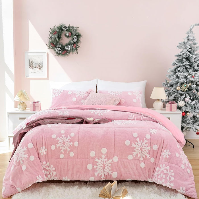 JANZAA Christmas Bedding Full Size Comforter Sets Velvet Pink Comforter Set with White Snowflake Stereoscopic 3 Pieces Full Size Bedding Sets Soft and Fluffy