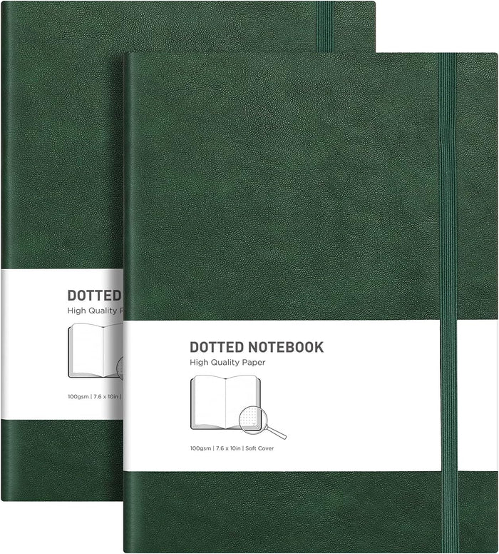 RETTACY Bullet Dotted Journal Notebook, 2-Pack, 192 Numbered Pages per Pack, B5 Medium Size (7.6'' × 10''), Leather Softcover, 100 GSM Thick Paper, for Bullet Journaling (Black & Brown)