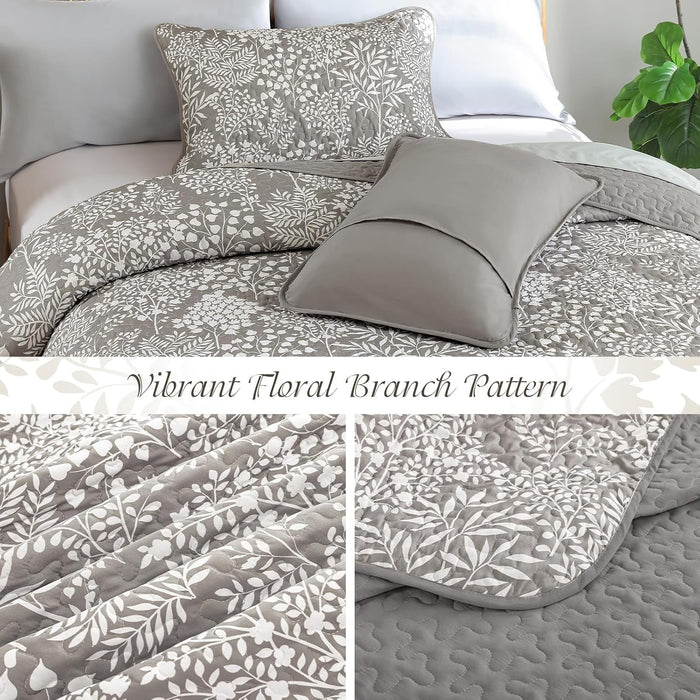 WONGS BEDDING Gray Quilt Set King Size, Botanical Print Bedspread Coverlet Set, Soft Lightweight Farmhouse Floral Quilt Bedding Set for All Season (104"x90")