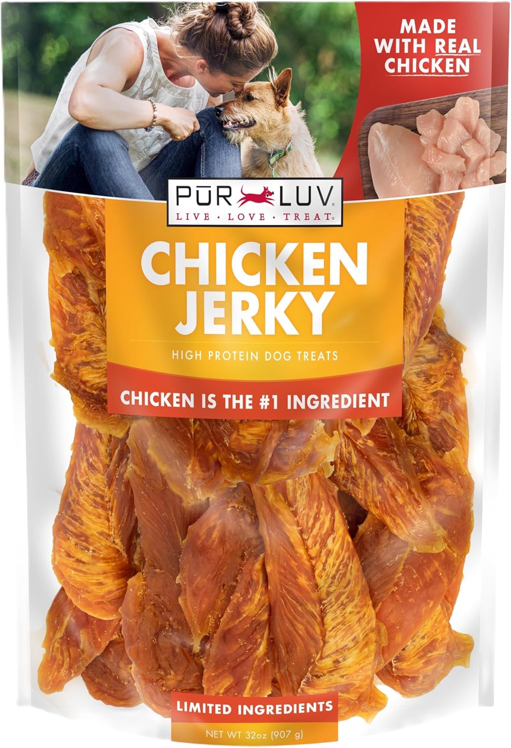 Pur Luv Chicken Jerky Dog Treats, Made with 100% Real Chicken Breast, 16 Ounces, Healthy, Easily Digestible, Long-Lasting, High Protein, Satisfies Dog's Urge to Chew