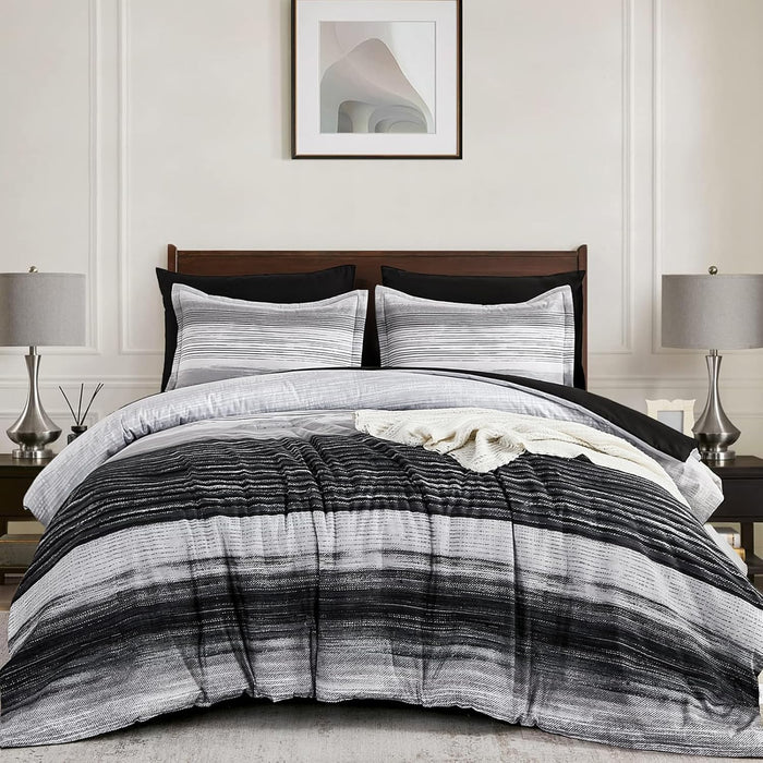 WONGS BEDDING Blue Comforter Set King Size, 7 Pieces King Bed in a Bag for All Season, Soft and Breathable Striped Bedding Set with Boho Comforter, Flat Sheet, Fitted Sheet, Pillowcases & Shams