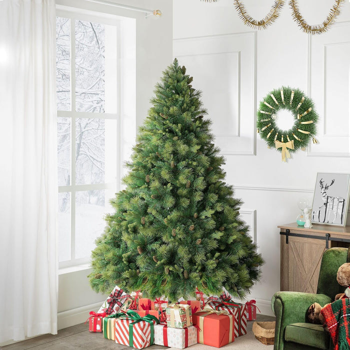 Cynthia 7.5ft Prelit Aritificial Christmas Tree with 3661 Branch Tips, 800 Warm Lights and Metal Stand, 60" Wide Realistic Rustic Christmas Tree with Lights by Naomi Home