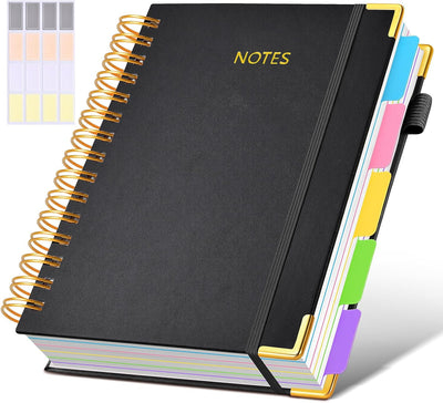Hardcover Spiral Notebook journal with Removable Dividers Tabs, 300 Pages Leather 5 Subject Notebook College Ruled, 100GMS A5 Notebooks for Work School Note taking,Lined Journal for Women,A5-Black