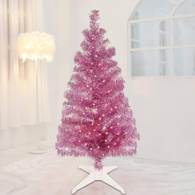 Juegoal 4 FT Pre-lit Artificial Christmas Tree, Lighted Tinsel Pencil Pine Spruce Trees with 70 Warm White LED Lights, 8 Lighting Mode & Timer for Xmas Holiday Party Decor (Pink)