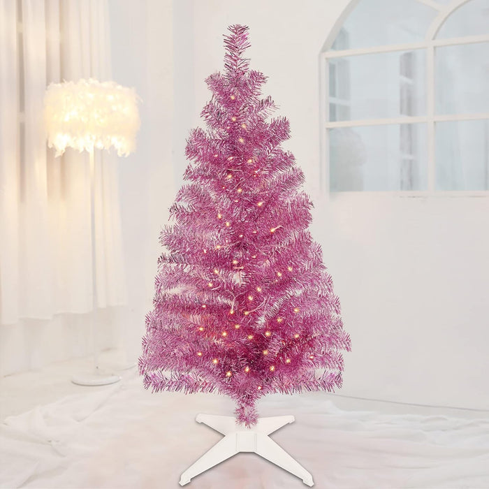 Juegoal 4 FT Pre-lit Artificial Christmas Tree, Lighted Silver Tinsel Pencil Pine Spruce Trees with 70 Warm White LED Lights, 8 Lighting Mode & Timer for Xmas Holiday Winter Home Party Decor