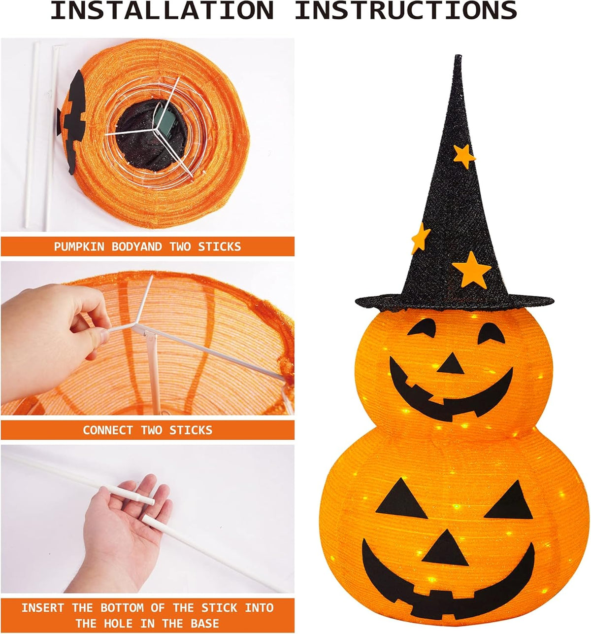 FUNPENY 3FT Halloween Collapsible Pumpkin Decorations, Pre-Lit Light Up 50 LED Pumpkin with Star Hat 8 Lighted Mode, Pop Up Jack-o-Lantern with Metal Stand for Indoor Outdoor Yard Holiday Decor