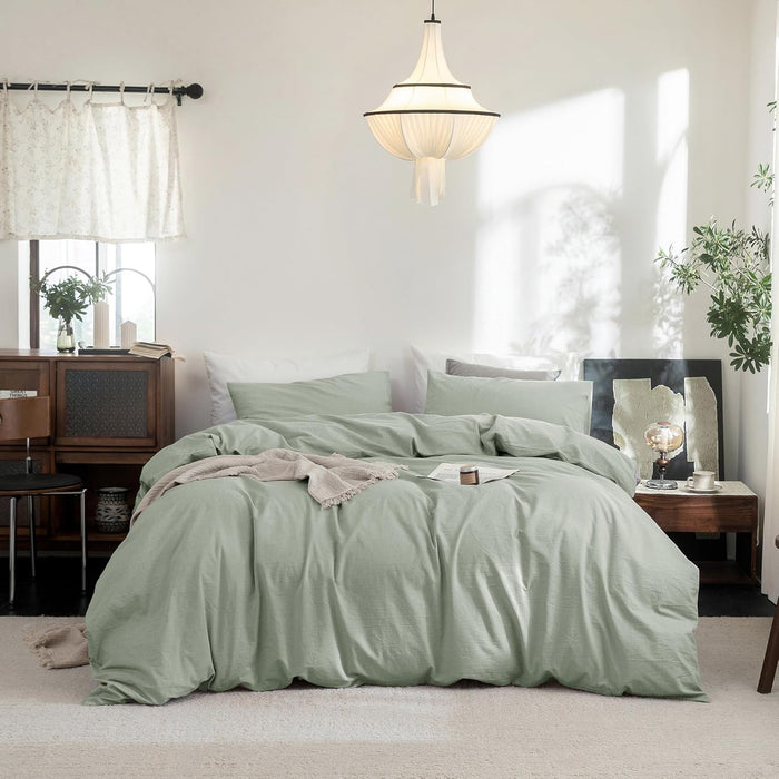 FOSSA Duvet Cover Set 100% Washed Cotton Linen Feel Super Soft Breathable Cozy 3 Pieces Bedding Sets Solid Cornflower Blue Queen