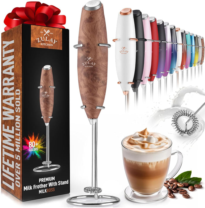 Zulay Kitchen Powerful Milk Frother Wand With 2 Duracell Batteries - Ultra Fast Handheld Drink Mixer - Electric Whisk Foam Maker for Coffee, Lattes, Cappuccino, Matcha, Hot Chocolate & Creamer - Black
