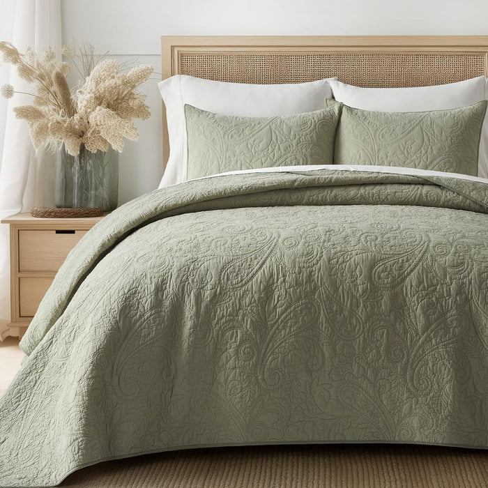 EVERGRACE 100% Cotton Paisley Quilt Set, King Size 3 Piece Set – Prewashed Lightweight Bedspread with 2 Shams, Soft & Breathable Matelasse Coverlet for All-Season Comfort, Flax Beige