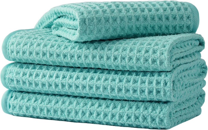 Microfiber Waffle Face Towels, 4 Pieces, Soft, Absorbent, Fast Drying, Lint Free (Turquoise)