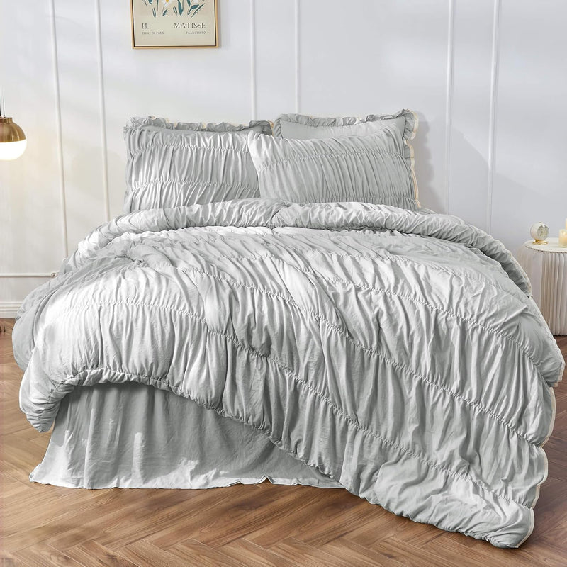 Queen Comforter Set - Ruched Comforter Queen Size Bed Set Boho Shabby Chic Bedding for Bedroom Comforter Fluffy 3 Piece Ruffle Comforter Set with Pillow White Bedding Soft