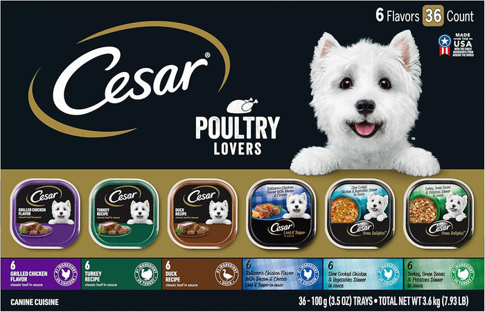 Cesar Wet Dog Food Classic Loaf in Sauce, Steak and Chicken Lovers Variety Pack with Real Meat or Real Chicken, 3.5 oz. Easy Peel Trays (36 Count, Pack of 1)