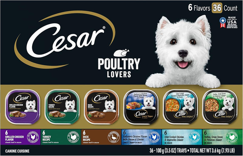 Cesar Wet Dog Food Classic Loaf in Sauce, Steak and Chicken Lovers Variety Pack with Real Meat or Real Chicken, 3.5 oz. Easy Peel Trays (36 Count, Pack of 1)