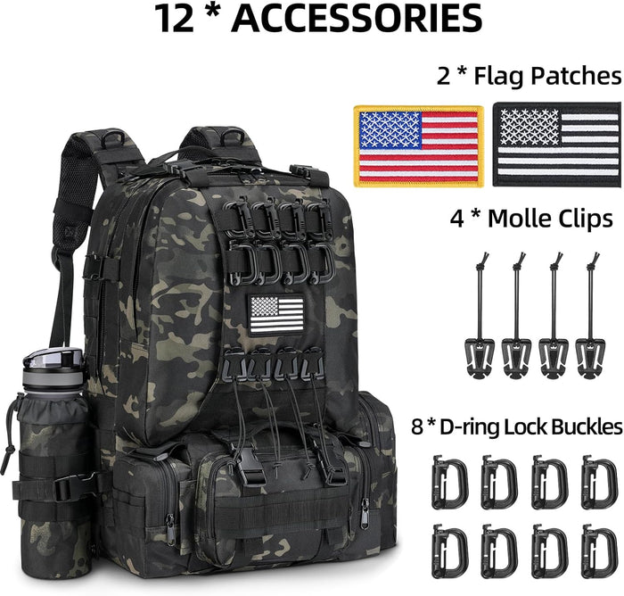 Military Tactical Backpack for Men, 60L Large Army Assault Pack, 3 Day Bug Out Bag with Removable Water Pouch for Outdoor Hiking Camping Hunting Detachable Rucksack Molle Bag, Black Camo