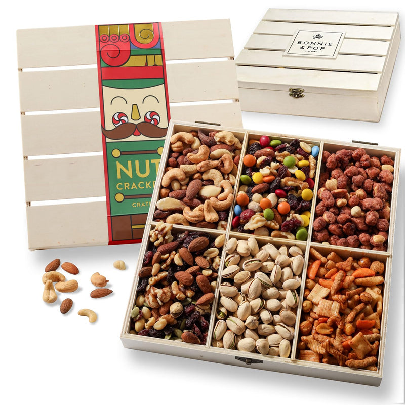 BONNIE AND POP - Nut Gift Basket | Healthy Gift of Assorted Nuts in Reusable Wood Crate | Large Variety Tray with Unique Flavors | Parties, Holidays, Birthday, Sympathy, Office, Thank You, Him, Her | Bonnie & Pop