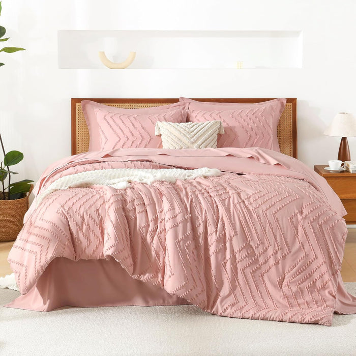 Litanika Queen Comforter Set with Sheets Beige - 7 Pieces Bed in a Bag Queen Chevron Tufted Complete Bedding Sets with Comforter, Sheets, Pillowcases & Shams