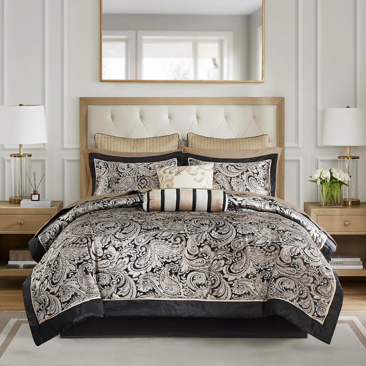 Madison Park Aubrey Cozy Comforter Set, Faux Silk Jacquard Paisley Design - All Season Down Alternative Bedding with Cotton Bed Sheets, Bed Skirt & Toss Pillows, Queen Navy 12 Piece