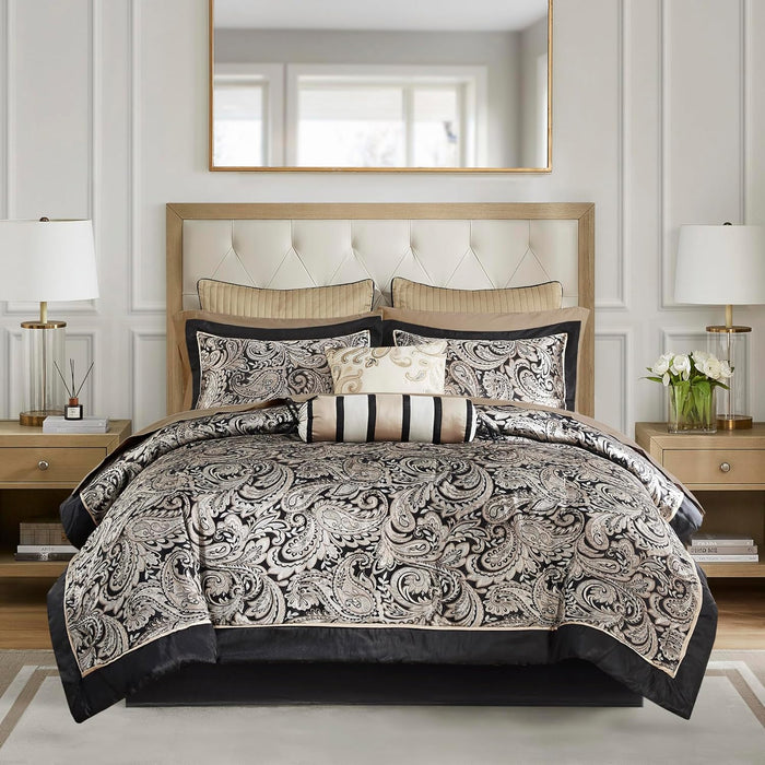 Madison Park Aubrey Cozy Comforter Set, Faux Silk Jacquard Paisley Design - All Season Down Alternative Bedding with Cotton Bed Sheets, Bed Skirt & Toss Pillows, Queen Navy 12 Piece