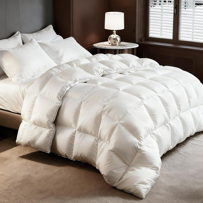 Goose Down Fiber Comforter Queen Size,White Luxurious All Season Hotel Collection Bedding Comforters, Ultra Soft 100% Cotton Fluffy Duvet Insert with Corner Tabs, Queen Size 90"X90"