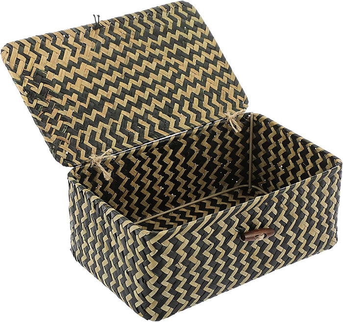 Hipiwe Wicker Shelf Baskets Bin with Lid, Handwoven Seagrass Basket Storage Bins Rectangular Household Basket Boxes for Shelf Wardrobe Home Organizer, Caramel Medium