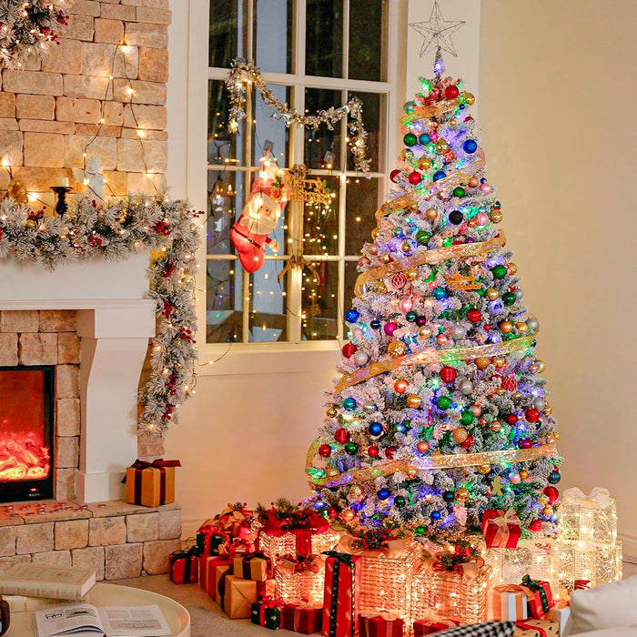Hykolity 6 ft Prelit Snow Flocked Christmas Tree, 250 Color-Changing LED Lights, 1032 Hinged Branch Tips, 10 Colors, Full Snowy Appearance, Easy Assembly, Metal Stand