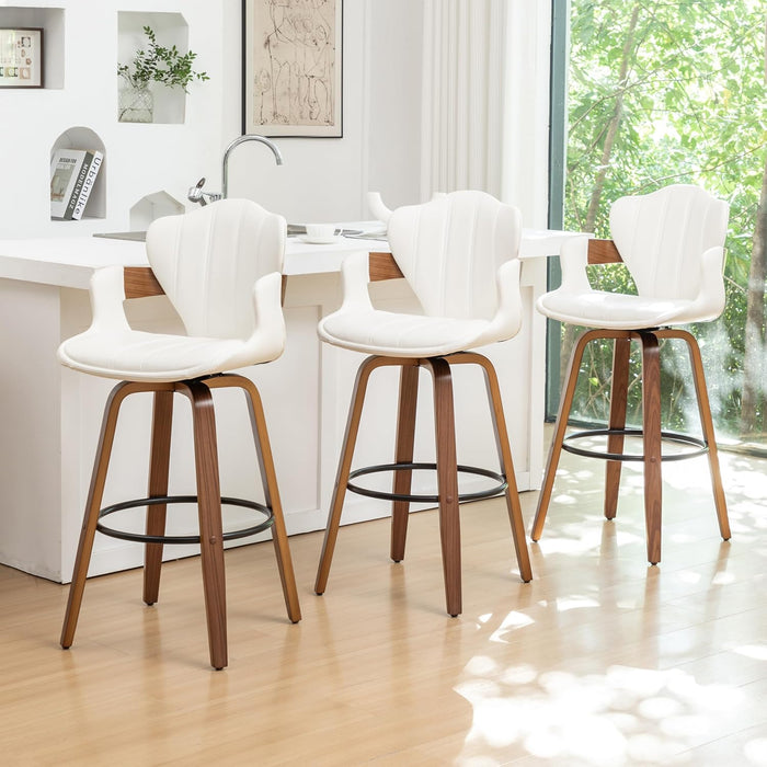 30" Swivel Bar Stools Set of 2,Mid Century Modern Bar Height Bar Stools,Black Upholstered Faux Leather Kitchen Stools with Arms and Fishtail-Shaped Back,Walnut Wood Frame Home Bar Chairs