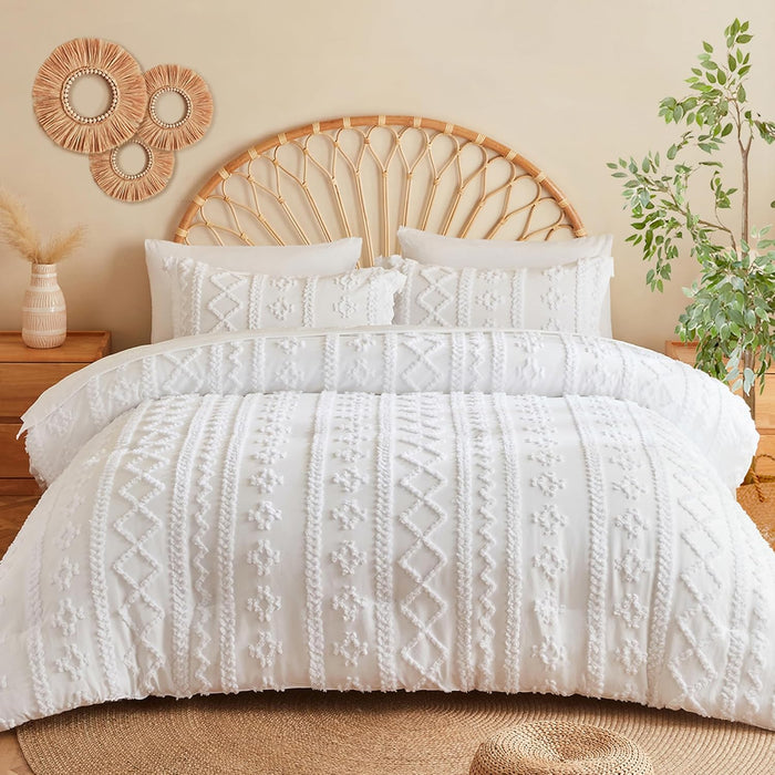 MR&HM Beige Comforter Set Queen, Tufted Boho Bedding Set, Farmhouse Bed in a Bag Set 7 Pieces with 1 Comforter, 2 Pillow Shams, 2 Pillowcases, 1 Flat Sheet, 1 Fitted Sheet for All Seasons