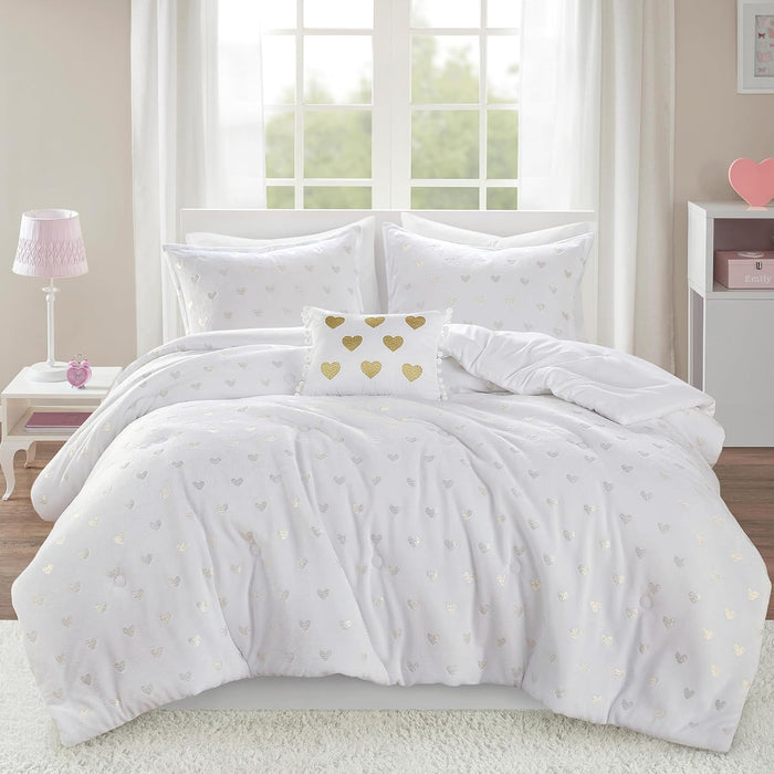 Intelligent Design Queen Comforter Set, 4 Piece Metallic Hearts Bedroom Set for Girls, Queen Bed Set Soft Plush Comforter, Rosalie All Season Fluffy Bedding Set, Full/Queen, Pink Multi/Gold 4 Piece