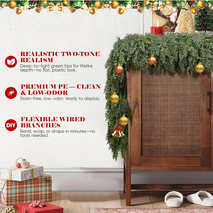 9FT Thick Christmas Garland with 240 Cedar Branches, Real Touch Green Cedar Garland for Christmas Decorations, Artificial Greenery Garland for Table, Mantle, Wall, Indoor, Outdoor Holiday Decor