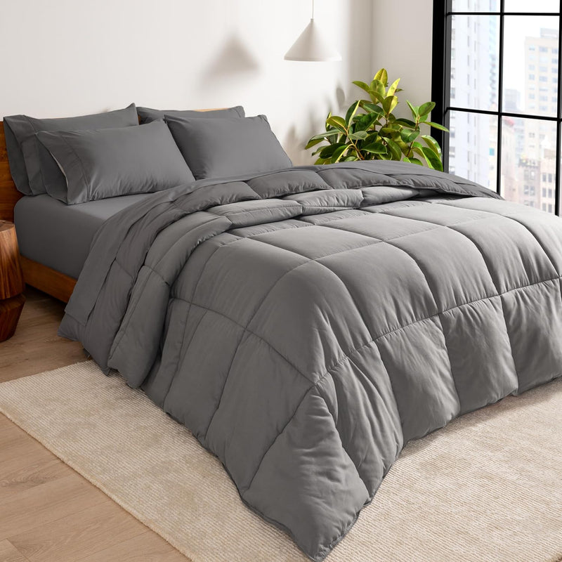 Bare Home Reversible Bed-in-A-Bag Comforter & Sheet Set - Queen - Down Alternative - Soft - Bedding Set (Queen, Light Grey/Grey)