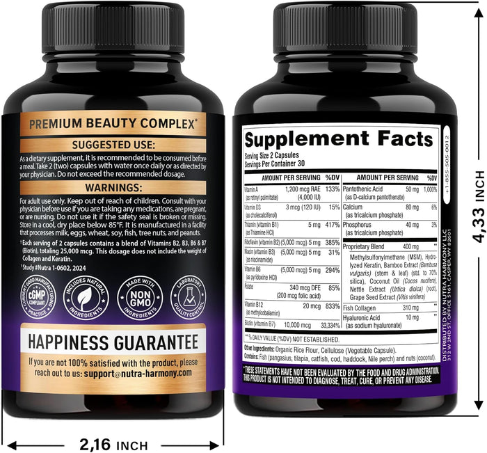 Biotin | Collagen | Keratin - Clinically Tested Supplement - Hair Growth Support, Skin & Nails - 25000 mcg Vitamins B2, B3, B6 & B7 + B1 & Hyaluronic Acid - Made in USA - Women & Men | 60 Capsules