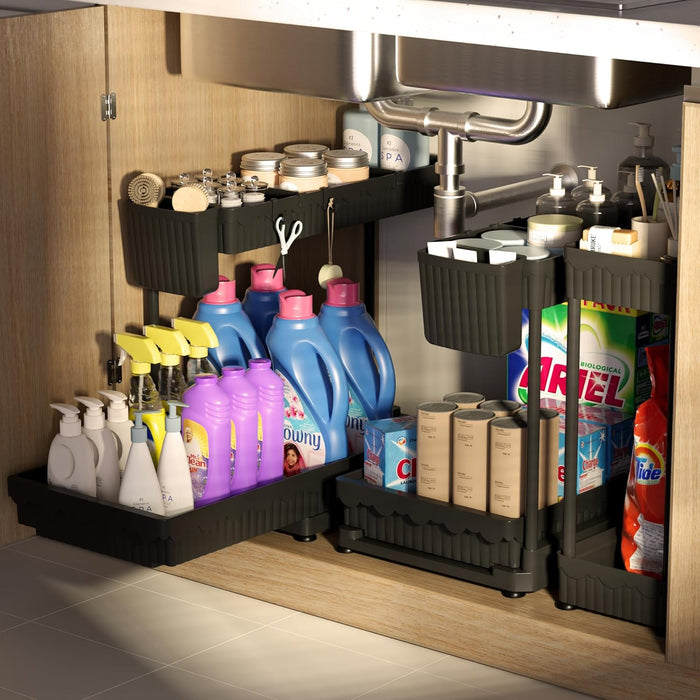 2 Pack Multi-Purpose Under Sink Organizers and Storage, 2025 Pull Out Cabinet Organizer for Bathroom & Kitchen, Under Cabinet Organizer with Hooks Hanging Cup, Black