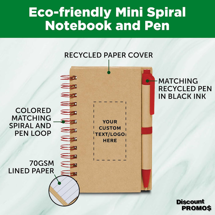 Custom Mini Spiral Notebooks with Black Ink Pens Set of 100, Personalized Bulk Pack - Perfect for School, Office, Business, Home - Red